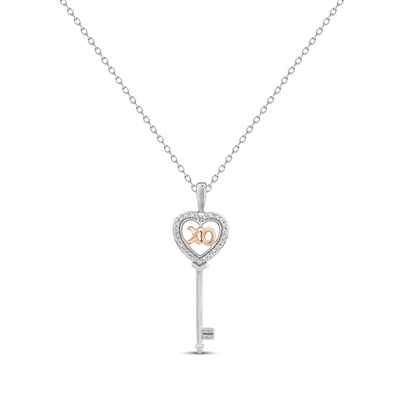 Diamond "XO" Heart Key 1/8 ct tw Sterling Silver & 10K Rose Gold 18"