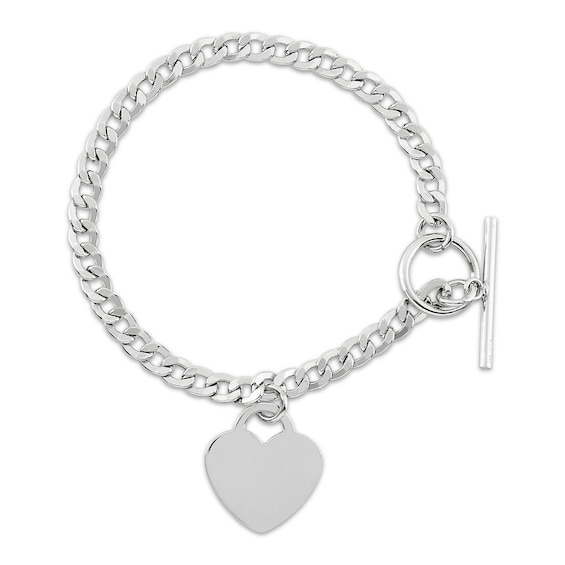 Solid Curb Chain Bracelet with Heart Charm Sterling Silver 7.5"