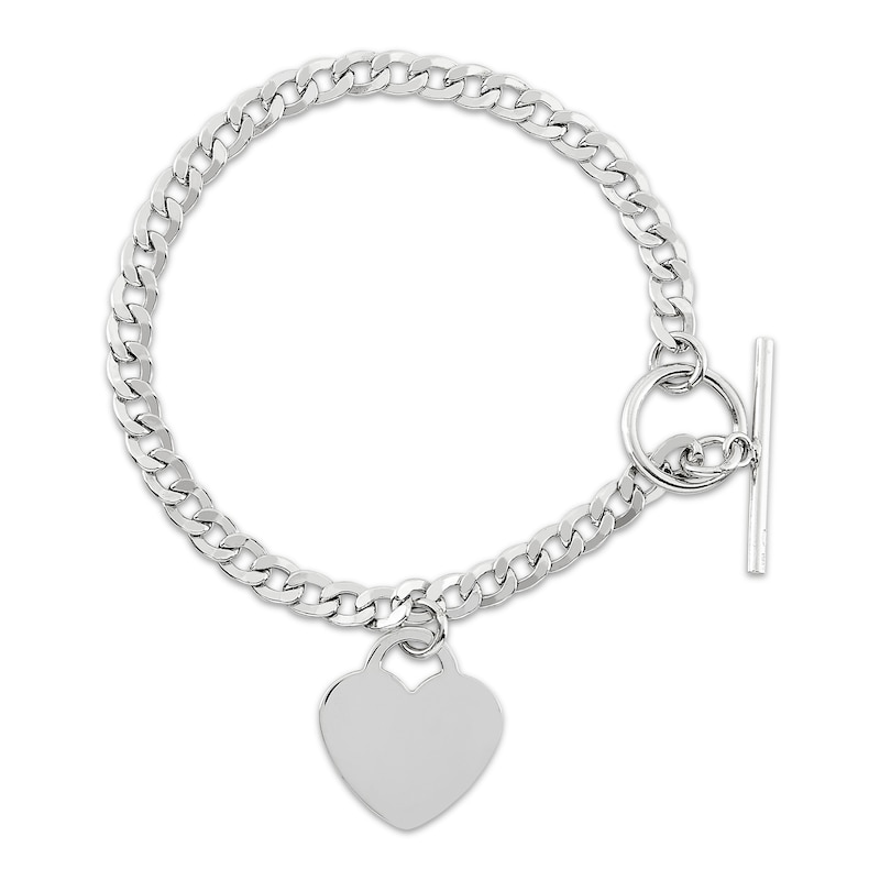 Main Image 1 of Solid Curb Chain Bracelet with Heart Charm Sterling Silver 7.5"