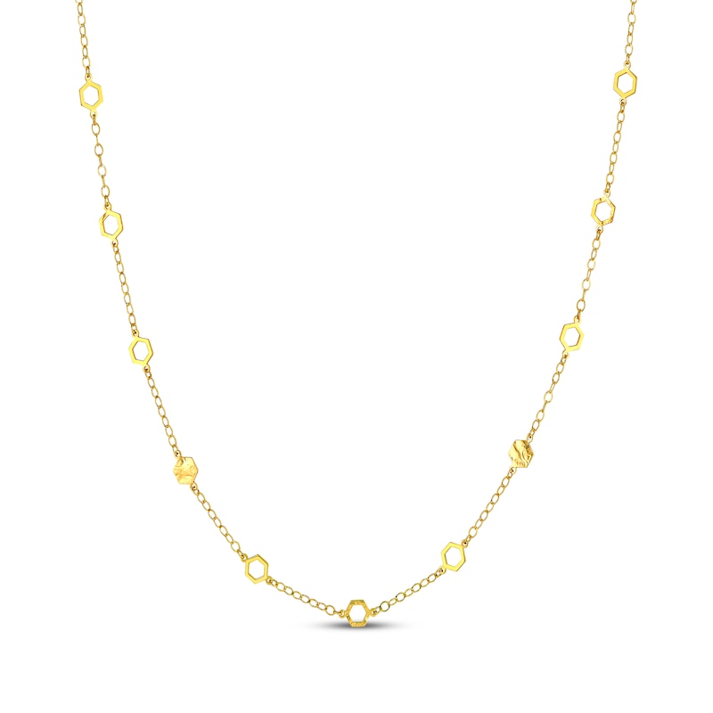 Main Image 1 of Hexagon Station Curb Chain Necklace 1.77mm Solid 10K Yellow Gold