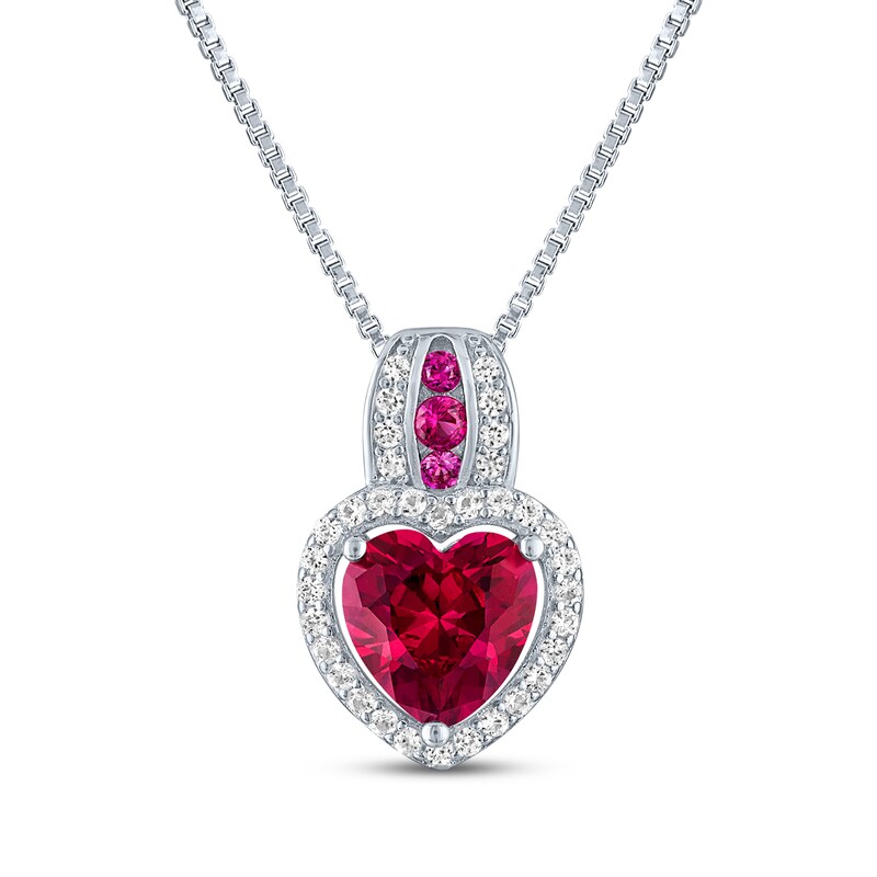 Main Image 1 of Heart-Shaped Lab-Created Ruby & White Lab-Created Sapphire Necklace Sterling Silver 18"