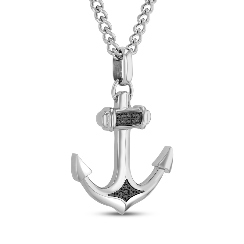 Main Image 2 of Men's Black Diamond Anchor Necklace 3/4 ct tw Stainless Steel 24"