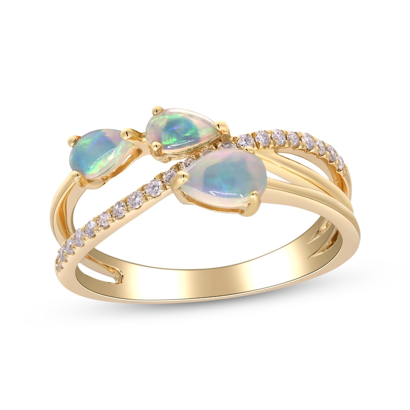 Main Image 1 of Pear-Shaped Natural Opal & Diamond Crossover Ring 1/6 ct tw 10K Yellow Gold