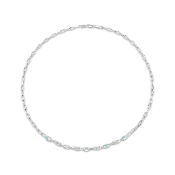 Oval-Cut Lab-Created Opal & White Lab-Created Sapphire Station Necklace Sterling Silver 18"