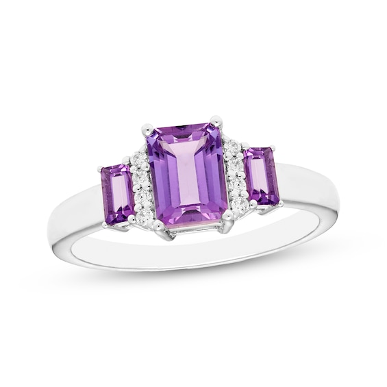 Memories Moments Magic Emerald-Cut Amethyst & Diamond Three-Stone Ring 1/20 ct tw Sterling Silver