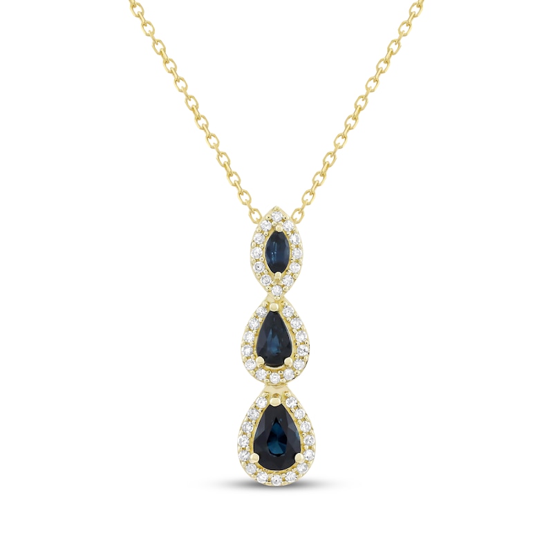 Main Image 1 of Marquise-Cut & Pear-Shaped Natural Blue Sapphire Diamond Halo Necklace 1/5 ct tw 14K Yellow Gold 18"