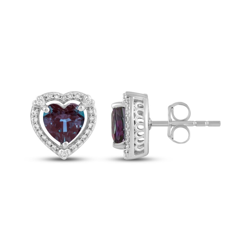Main Image 3 of Heart-Shaped Lab-Created Alexandrite & White Lab-Created Sapphire Stud Earrings Sterling Silver