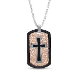 Men's Cross Dog Tag Necklace Stainless Steel with Black & Rose Ion Plating 24"