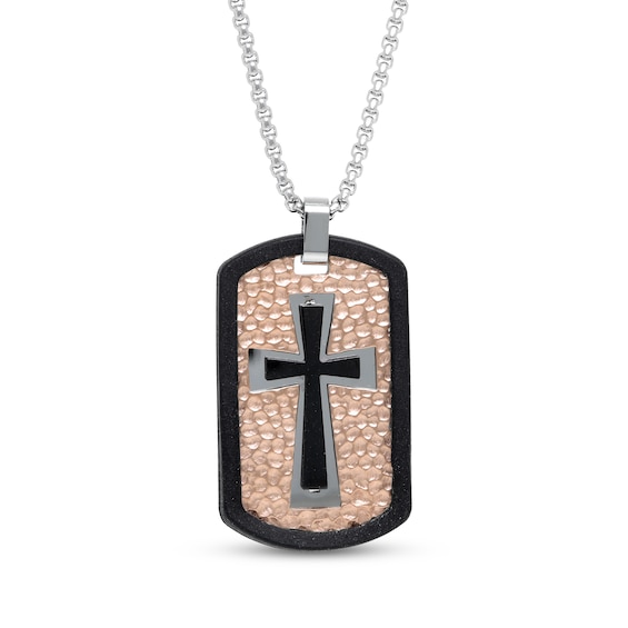 Men's Cross Dog Tag Necklace Stainless Steel with Black & Rose Ion Plating 24"