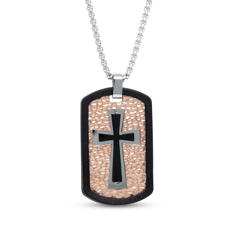 Main Image 1 of Men's Cross Dog Tag Necklace Stainless Steel with Black & Rose Ion Plating 24"