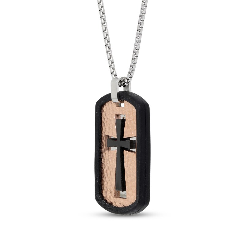 Main Image 2 of Men's Cross Dog Tag Necklace Stainless Steel with Black & Rose Ion Plating 24"