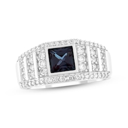 Men's Square-Cut Lab-Created Alexandrite & Diamond Ring 5/8 ct tw 10K White Gold