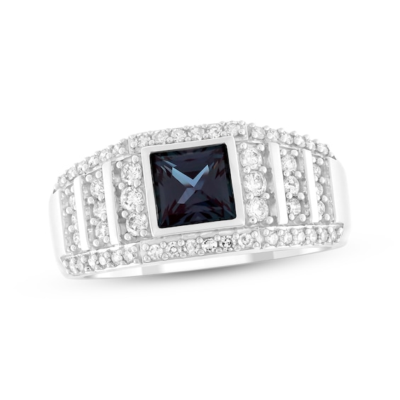 Men's Square-Cut Lab-Created Alexandrite & Diamond Ring 5/8 ct tw 10K White Gold