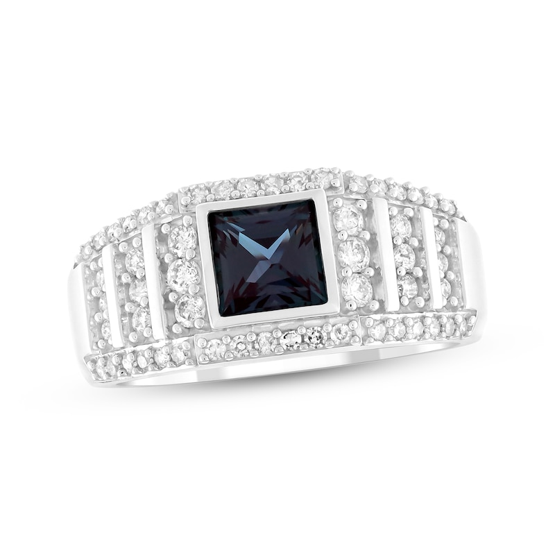 Main Image 1 of Men's Square-Cut Lab-Created Alexandrite & Diamond Ring 5/8 ct tw 10K White Gold