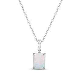 Emerald-Cut Lab-Created Opal & White Lab-Created Sapphire Hidden Halo Necklace Sterling Silver 18"