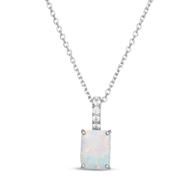 Main Image 1 of Emerald-Cut Lab-Created Opal & White Lab-Created Sapphire Hidden Halo Necklace Sterling Silver 18"