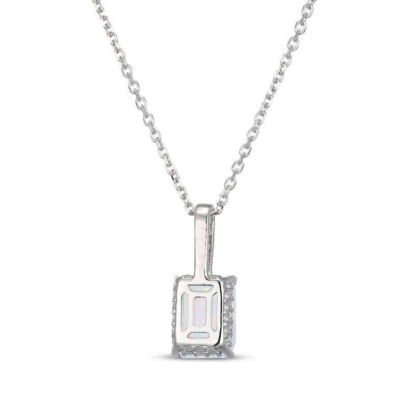Main Image 3 of Emerald-Cut Lab-Created Opal & White Lab-Created Sapphire Hidden Halo Necklace Sterling Silver 18"