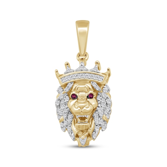 Men's Diamond & Lab-Created Ruby Lion Head With Crown Charm 1/6 ct tw 10K Yellow Gold