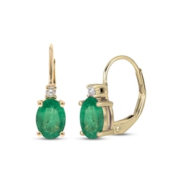 Oval-Cut Natural Emerald & Diamond Earrings 1/20 ct tw 10K Yellow Gold