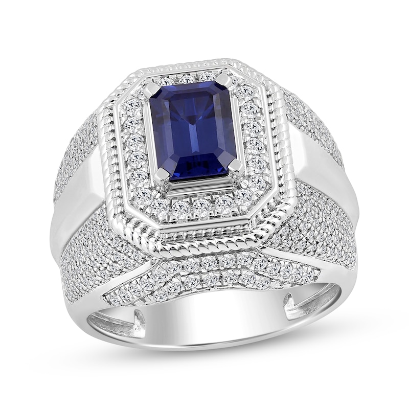 Main Image 1 of Men's Emerald-Cut Blue Lab-Created Sapphire & Diamond Ring 1 ct tw Sterling Silver