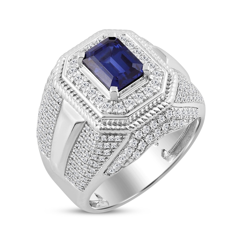 Main Image 2 of Men's Emerald-Cut Blue Lab-Created Sapphire & Diamond Ring 1 ct tw Sterling Silver
