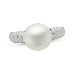 Cultured Pearl & Diamond Accent Ribbed Ring Sterling Silver