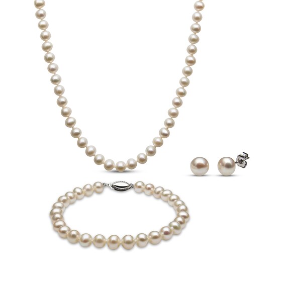 7mm Freshwater Cultured Pearl Strand Necklace, Bracelet & Stud Earrings Gift Set Sterling Silver