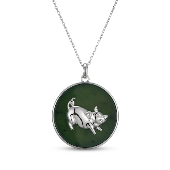 Nephrite Jade Year of the Pig Chinese Zodiac Necklace Sterling Silver 18"