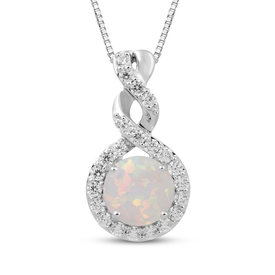 Lab-Created Opal & White Lab-Created Sapphire Halo Twist Necklace Sterling Silver 18"