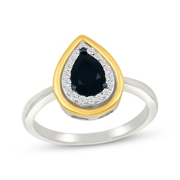 Pear-Shaped Black Onyx & White Lab-Created Sapphire Ring Sterling Silver & 10K Yellow Gold