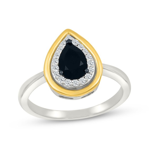 Pear-Shaped Black Onyx & White Lab-Created Sapphire Ring Sterling Silver & 10K Yellow Gold