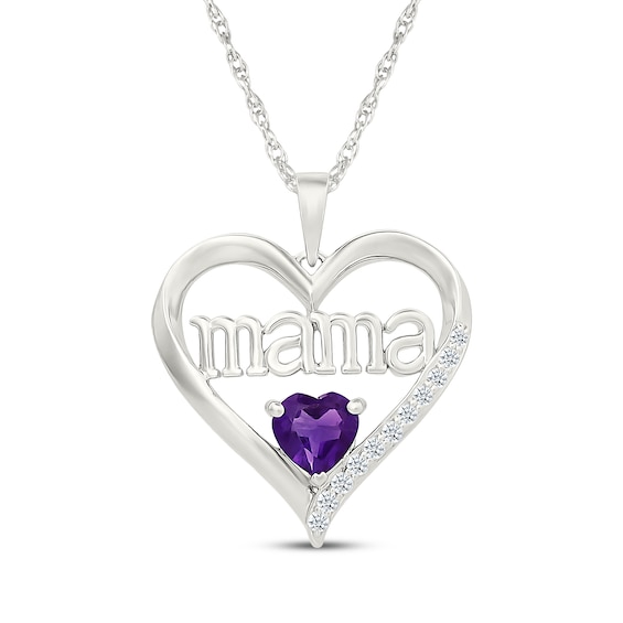Heart-Shaped Amethyst & White Lab-Created Sapphire "Mama" Necklace Sterling Silver 18"