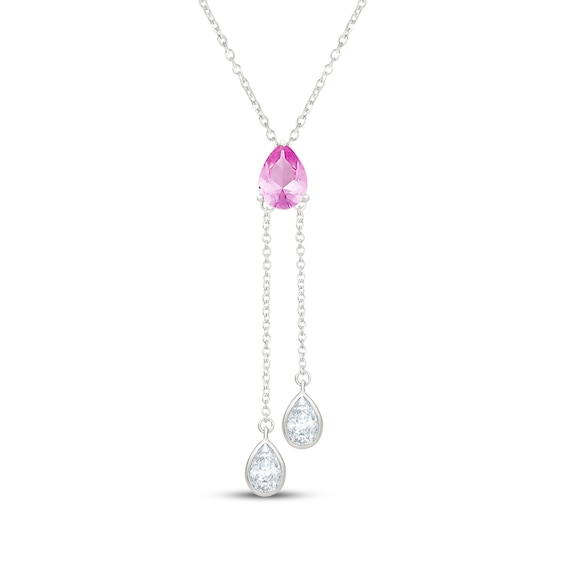 Pear-Shaped Pink & White Lab-Created Sapphire Three-Stone "Y" Necklace Sterling Silver 18"