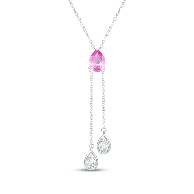 Main Image 1 of Pear-Shaped Pink & White Lab-Created Sapphire Three-Stone "Y" Necklace Sterling Silver 18"