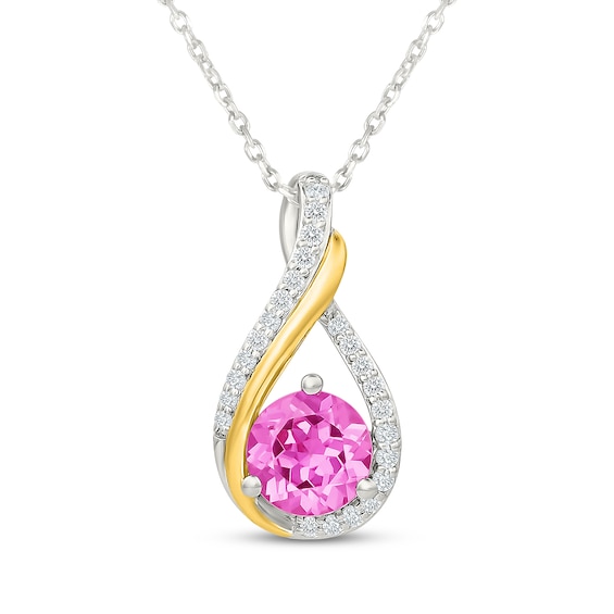 Pink & White Lab-Created Sapphire Teardrop Necklace Sterling Silver & 10K Yellow Gold 18"