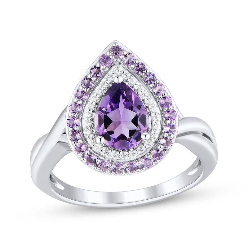 Main Image 1 of Pear-Shaped Amethyst & Diamond Double Halo Ring 1/10 ct tw Sterling Silver