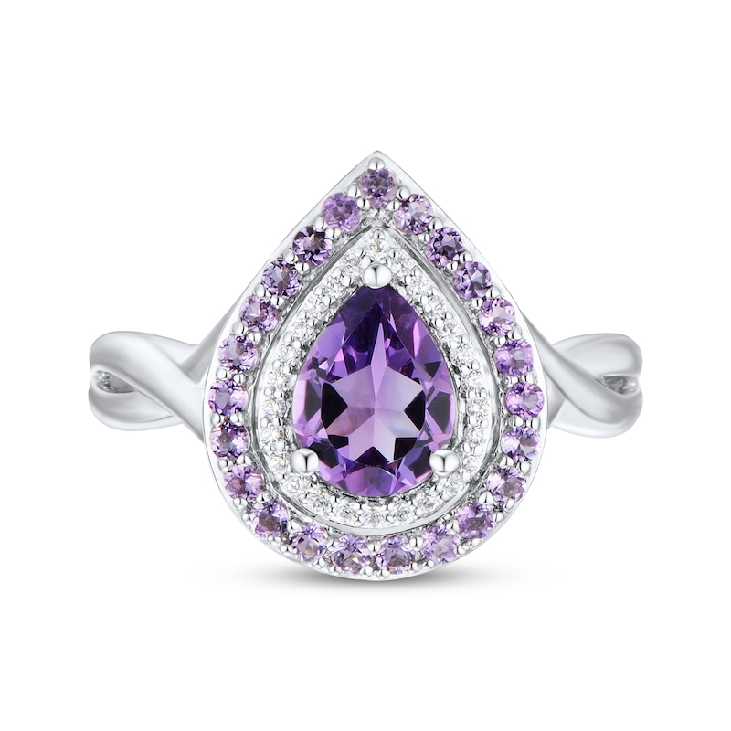 Main Image 3 of Pear-Shaped Amethyst & Diamond Double Halo Ring 1/10 ct tw Sterling Silver
