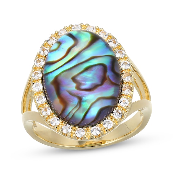Oval-Shaped Natural Abalone Shell Doublet & White Lab-Created Sapphire Ring 18K Yellow Gold-Plated Sterling Silver