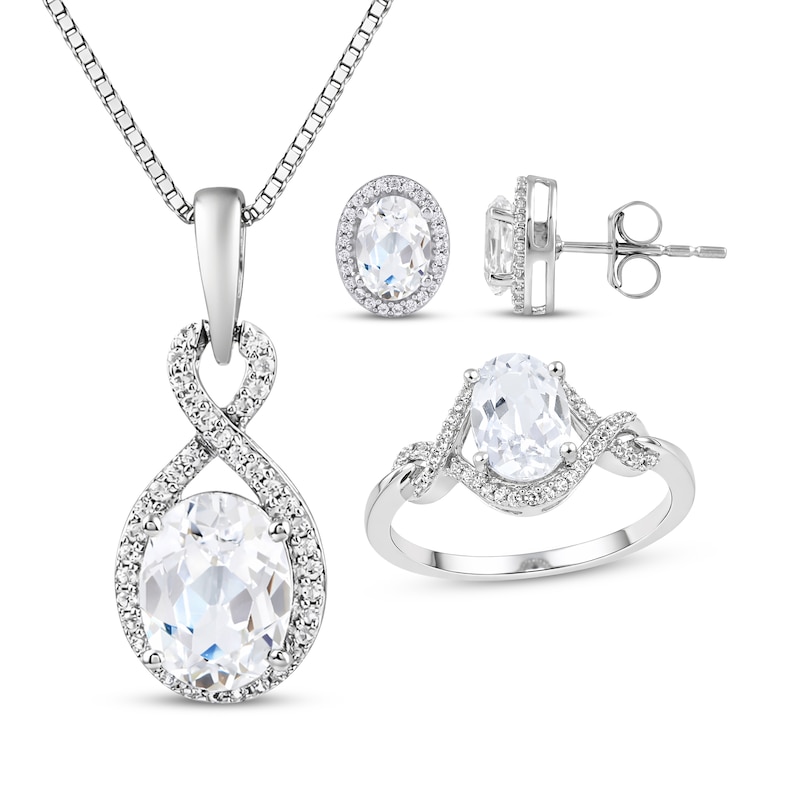 Main Image 1 of Oval & Round-Cut White Lab-Created Sapphire Halo Gift Set Sterling Silver