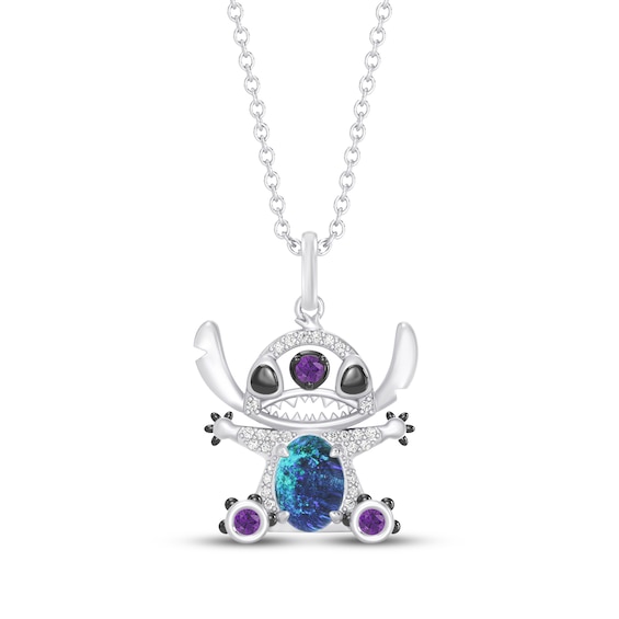 Disney Treasures Lilo & Stitch Diamond, Amethyst & Blue Lab-Created Opal Necklace 1/15 ct tw Sterling Silver 19"
