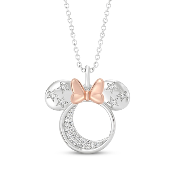 Disney Treasures Minnie Mouse Moon & Stars Diamond Necklace 1/8 ct tw Sterling Silver & 10K Rose Gold 19"