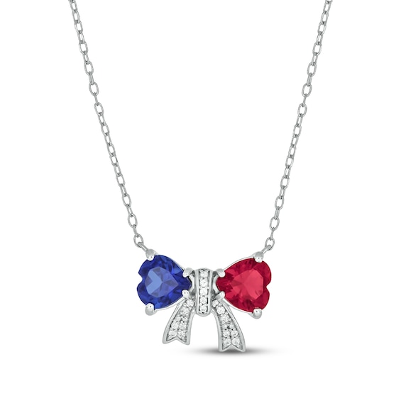 Patriotic Heart-Shaped Blue Lab-Created Sapphire and Lab-Created Ruby & Diamond Bow Necklace 1/20 ct tw Sterling Silver 18"