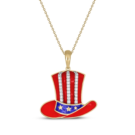 Patriotic Diamond & Enamel American Top Hat Necklace 1/4 ct tw 24K Yellow Gold Vermeil Sterling Silver 18"
