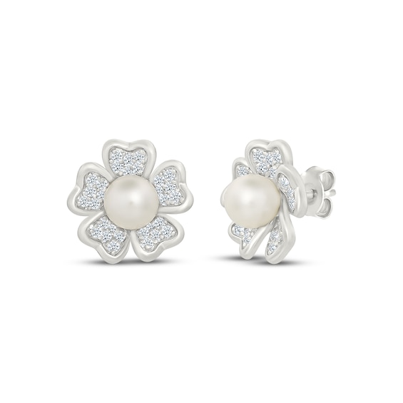 Cultured Pearl & White Lab-Created Sapphire Flower Stud Earrings Sterling Silver
