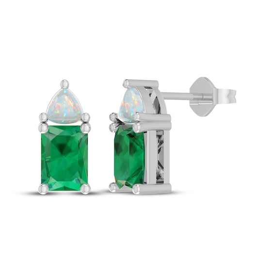 Octagon-Cut Lab-Created Emerald & Trillion-Cut Lab-Created Opal Stud Earrings Sterling Silver