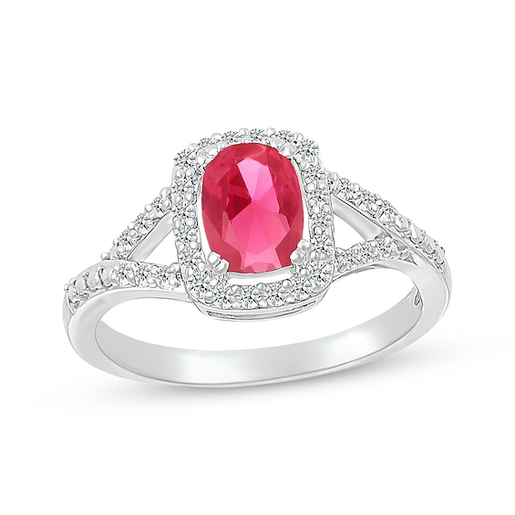Cushion-Cut Lab-Created Ruby & White Lab-Created Sapphire Halo Split Shank Ring Sterling Silver