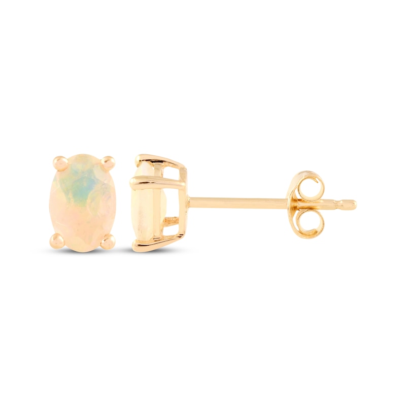Main Image 1 of Oval-Cut Opal Solitaire Stud Earrings 14K Yellow Gold