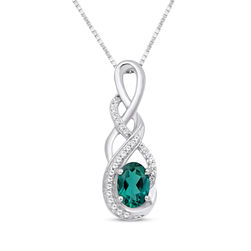 Oval-Cut Lab-Created Emerald & White Lab-Created Sapphire Swirl Necklace Sterling Silver 18"