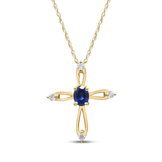 Oval-Cut Natural Blue Sapphire & Diamond Looping Cross Necklace 1/20 ct tw 10K Yellow Gold 18"
