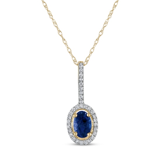 Oval-Cut Natural Blue Sapphire & Diamond Halo Drop Necklace 1/10 ct tw 10K Yellow Gold 18"